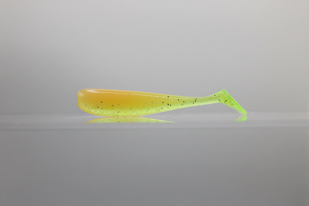 Paddle Tail Swimbait 3":  Peach Back with Fluorescent Yellow Silver Flake Belly